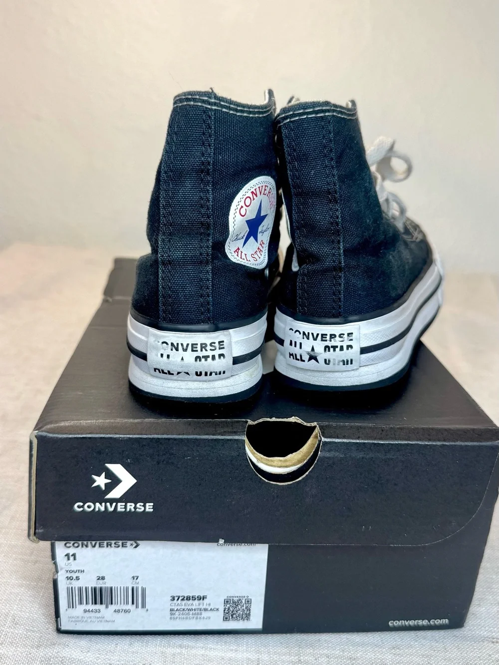Converse All Star Kids Black and White High-Top Canvas Platform Sneakers 11C